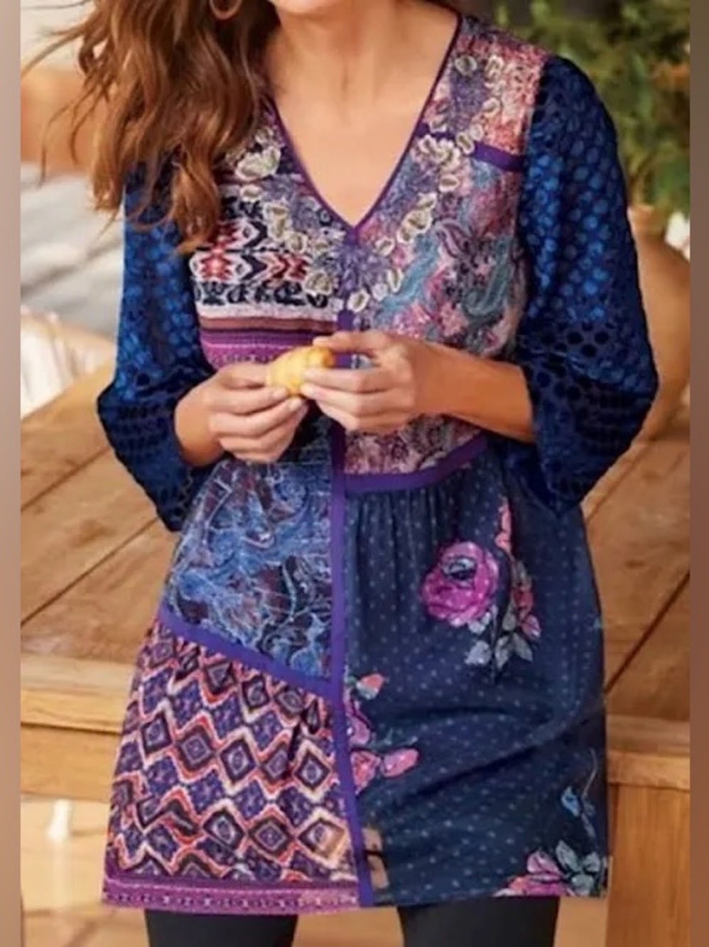 Soft Surroundings Navy and Purple Patchwork Tunic